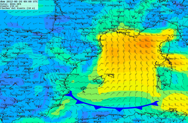 Posible arco nuboso mesoescalar en el Mediterráneo